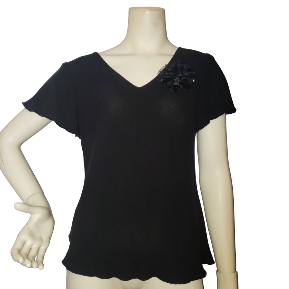 SL FASHIONS Black Short Sleeve Dress Top Blouse with Rose Brooch Womens Size 12